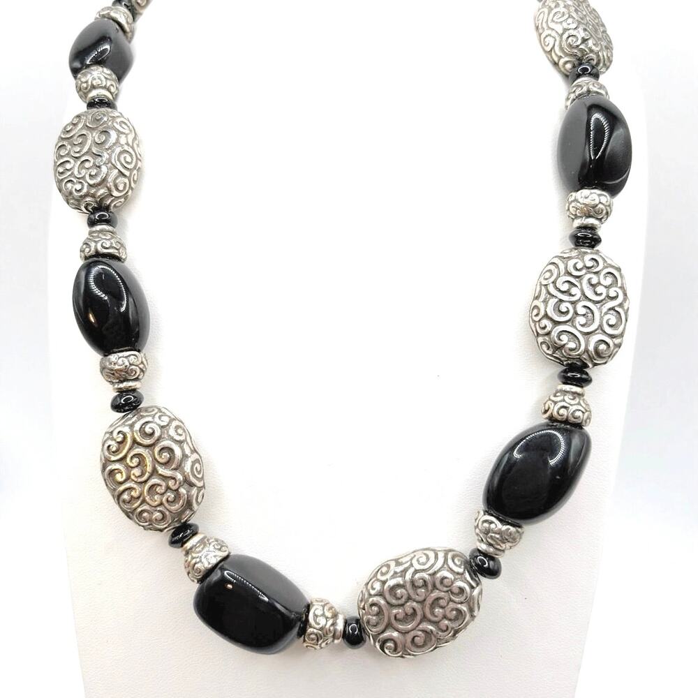 Brighton Vintage Onyx Gemstone Silver Plated Adjustable Necklace 20”
